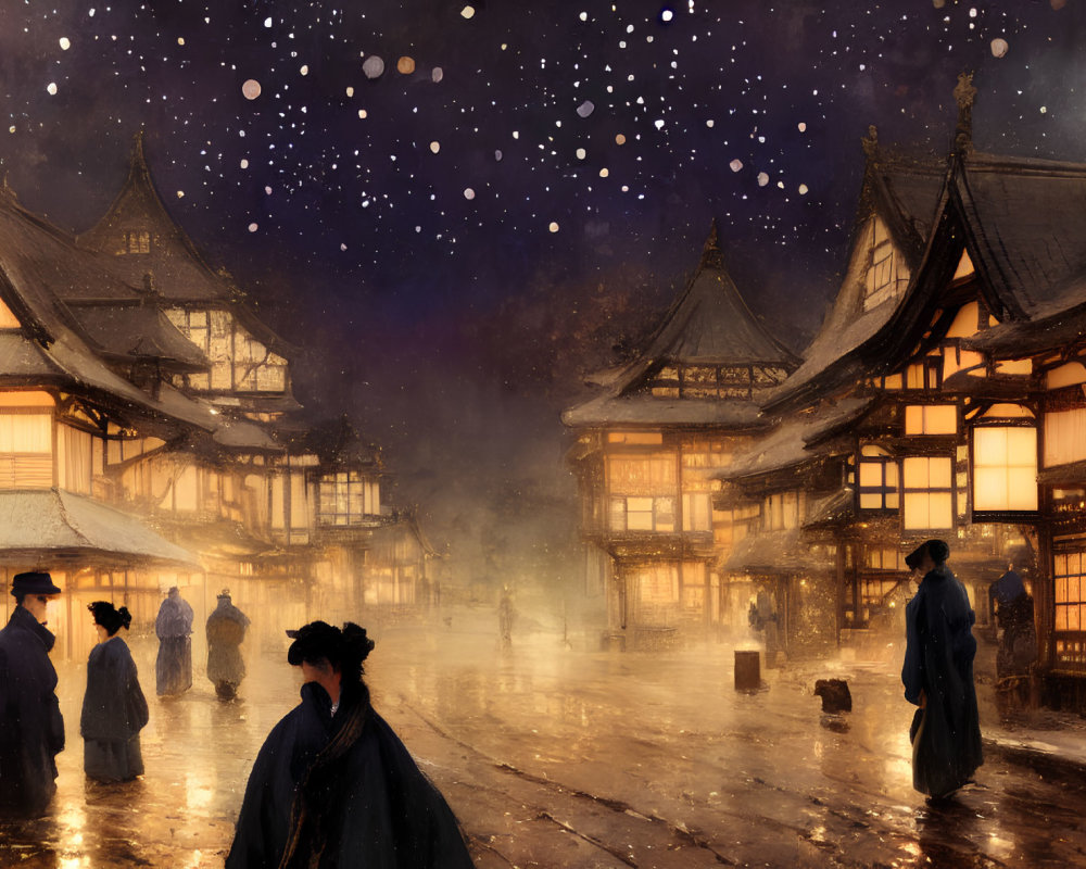 Snowflakes fall on lantern-lit Japanese village at night with people in historical attire.