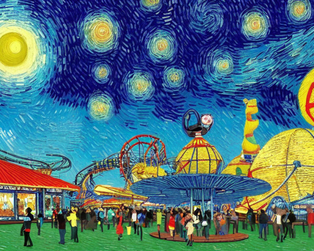 Colorful Amusement Park Painting with Starry Night Sky