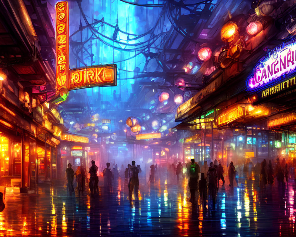 Neon-lit Night Street Scene with Silhouettes