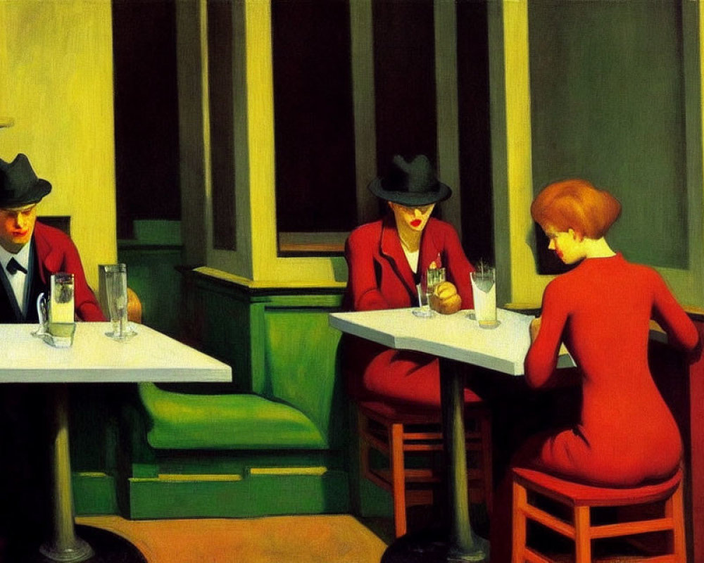 Artwork of three individuals in a café, two wearing hats at tables, one woman in red.