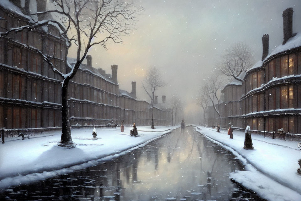 Snowy Sky Over Canal with Row of Houses and People Walking