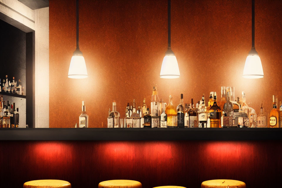 Sophisticated bar scene with pendant lamps, illuminated bottle shelf, and wooden bar stools.