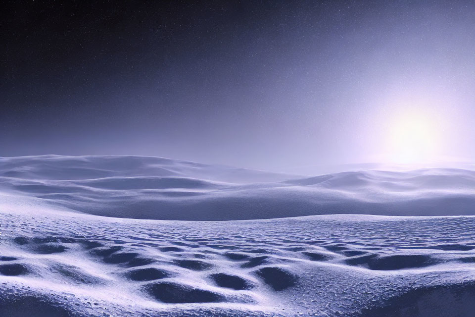 Snowscape under starry night sky with horizon sun glow over snowy dunes