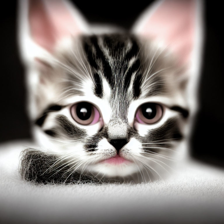 Black and White Kitten with Pinkish Eyes and Whiskers Close-Up