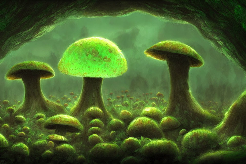 Mystical forest scene with glowing oversized mushrooms in darkness