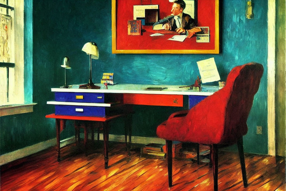 Man seated at colorful desk in blue room with paperwork and red chair.