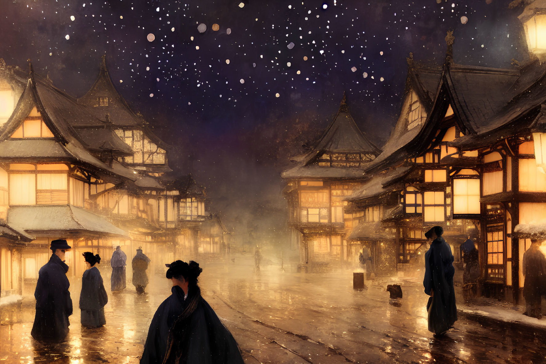 Snowflakes fall on lantern-lit Japanese village at night with people in historical attire.