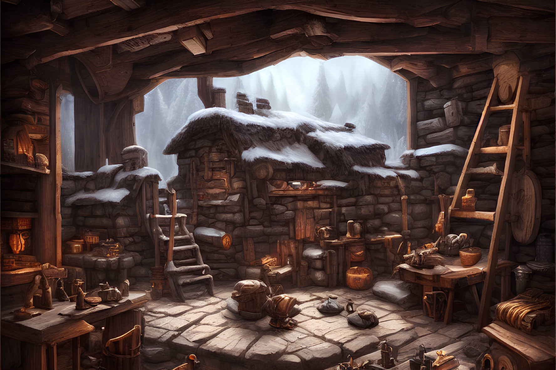 Snow-covered blacksmith's forge with scattered tools and warm light