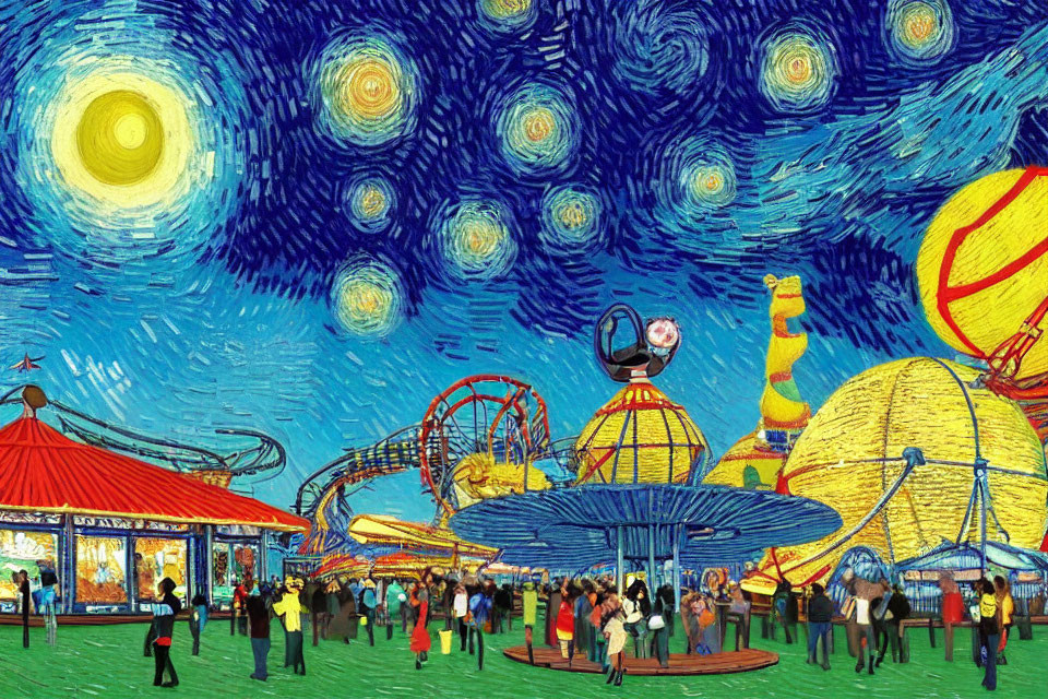 Colorful Amusement Park Painting with Starry Night Sky