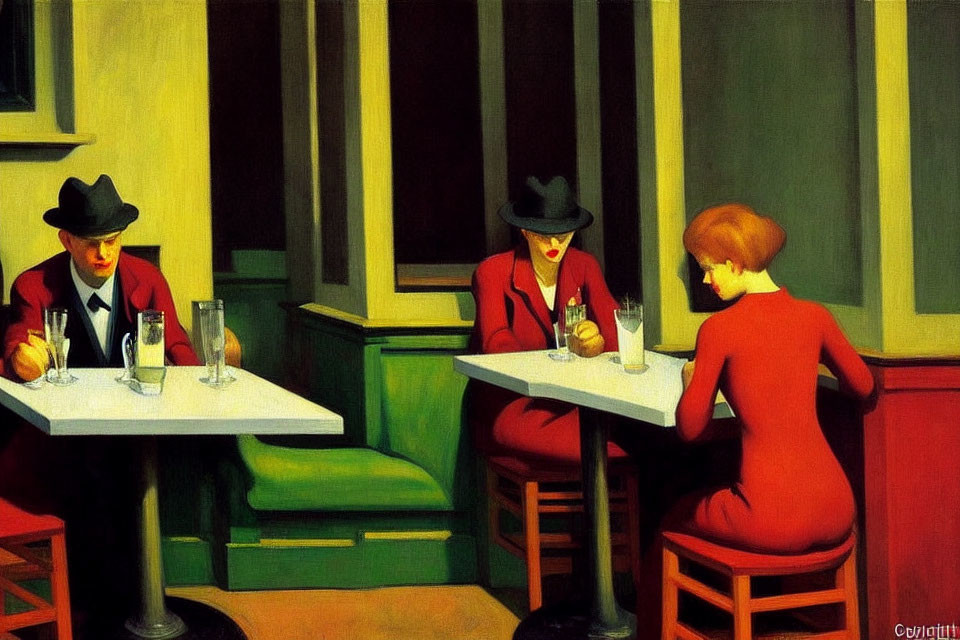 Artwork of three individuals in a café, two wearing hats at tables, one woman in red.