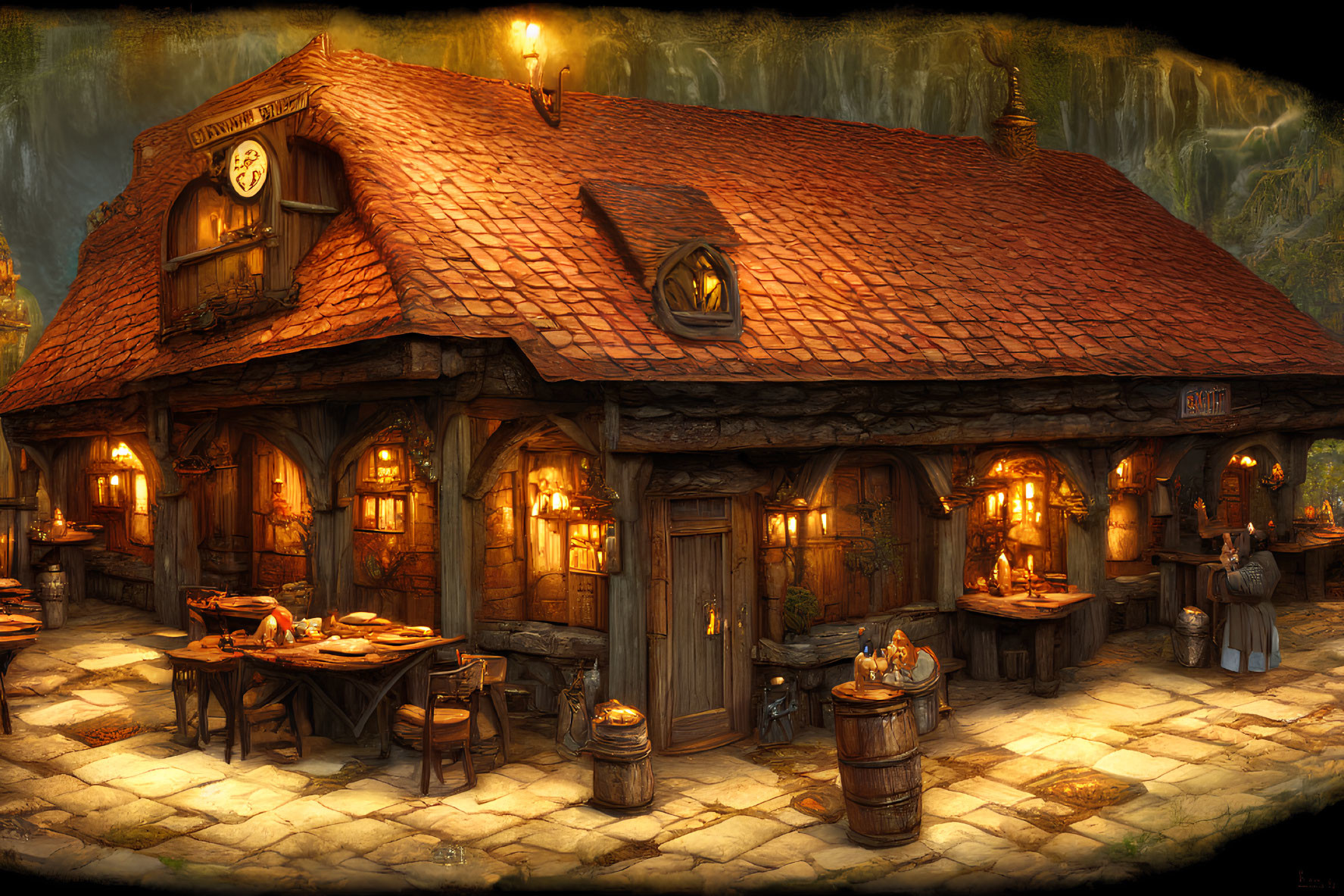 Cozy Fantasy Tavern with Lanterns and Thatched Roof