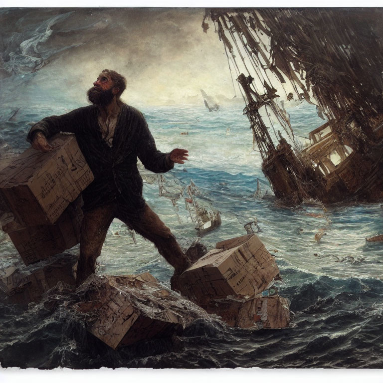 19th-Century Painting: Bearded Man on Debris in Stormy Sea