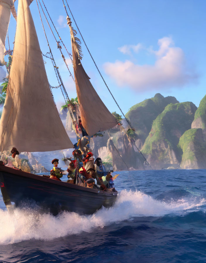 Animated characters on Polynesian-style double-hulled canoe sail across lush green islands