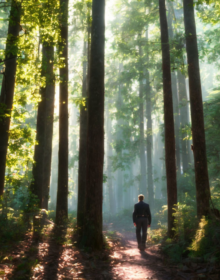 Person walking on forest path with sunlight streaming through trees