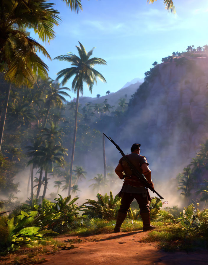 Warrior on jungle path with palm trees, mountain, and blue sky