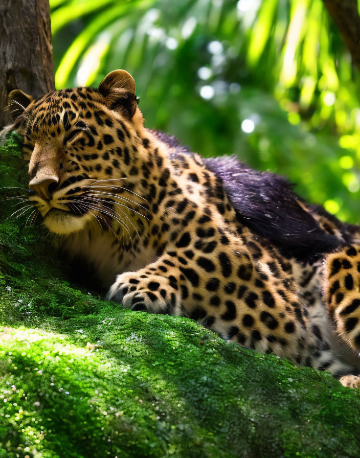 Leopard resting on mossy branch in lush forest with sunlight filtering through foliage