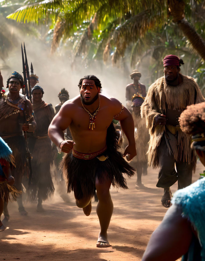 Pacific Islander warriors in traditional garb running in tropical forest.