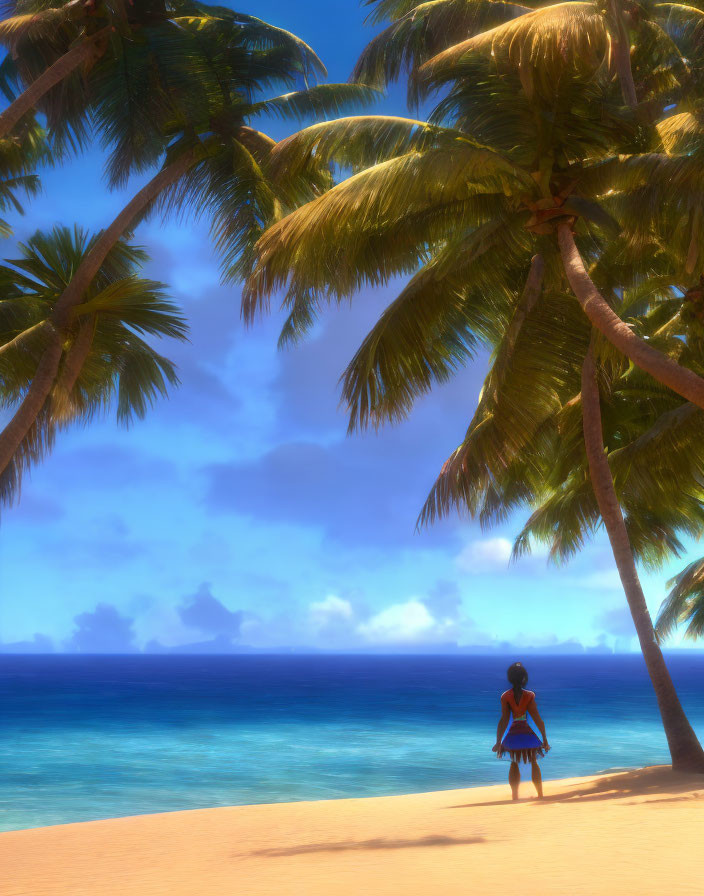 Person standing on sunlit tropical beach with palm trees and ocean view