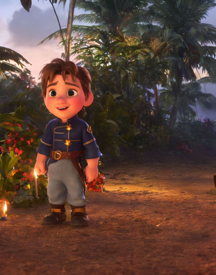 Animated boy in naval uniform with candle in forest at dusk