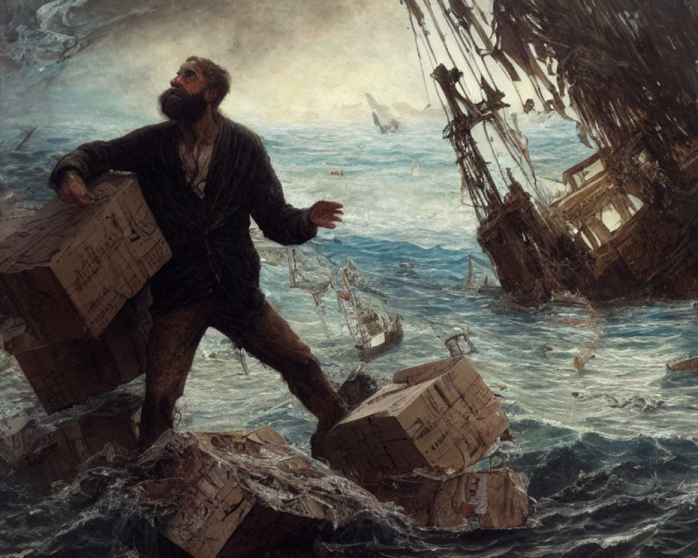 19th-Century Painting: Bearded Man on Debris in Stormy Sea