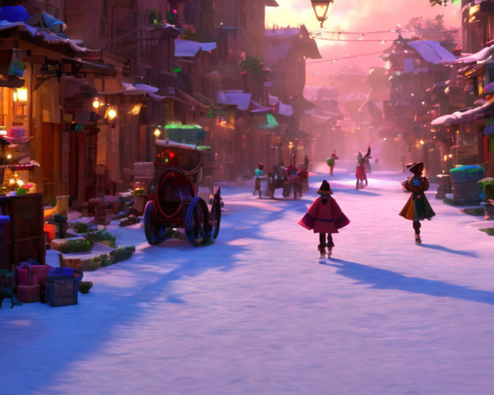 Snowy Street at Dusk with Period Costumes, Carriage, Lanterns, and Glowing