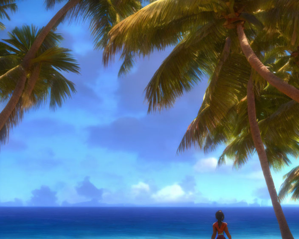 Person standing on sunlit tropical beach with palm trees and ocean view