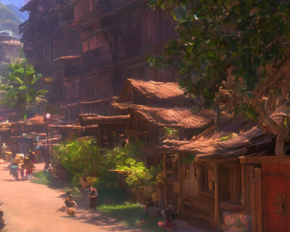 Traditional multi-story buildings and bustling street life under warm sunlight