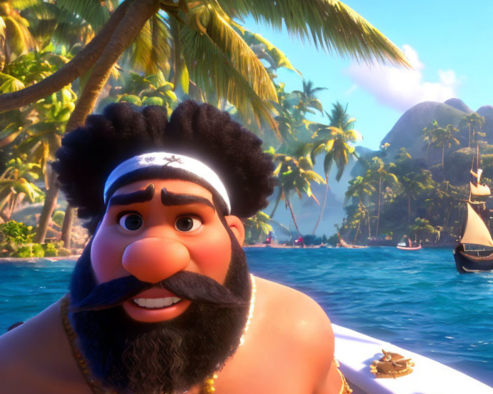 Black-Haired Animated Character on Boat with Tropical Island Background