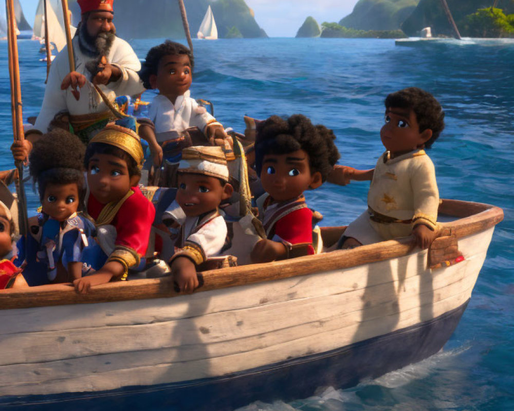 Animated characters on a boat with curious children and adult steering, tropical backdrop