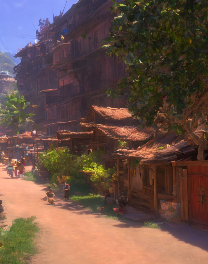 Traditional multi-story buildings and bustling street life under warm sunlight