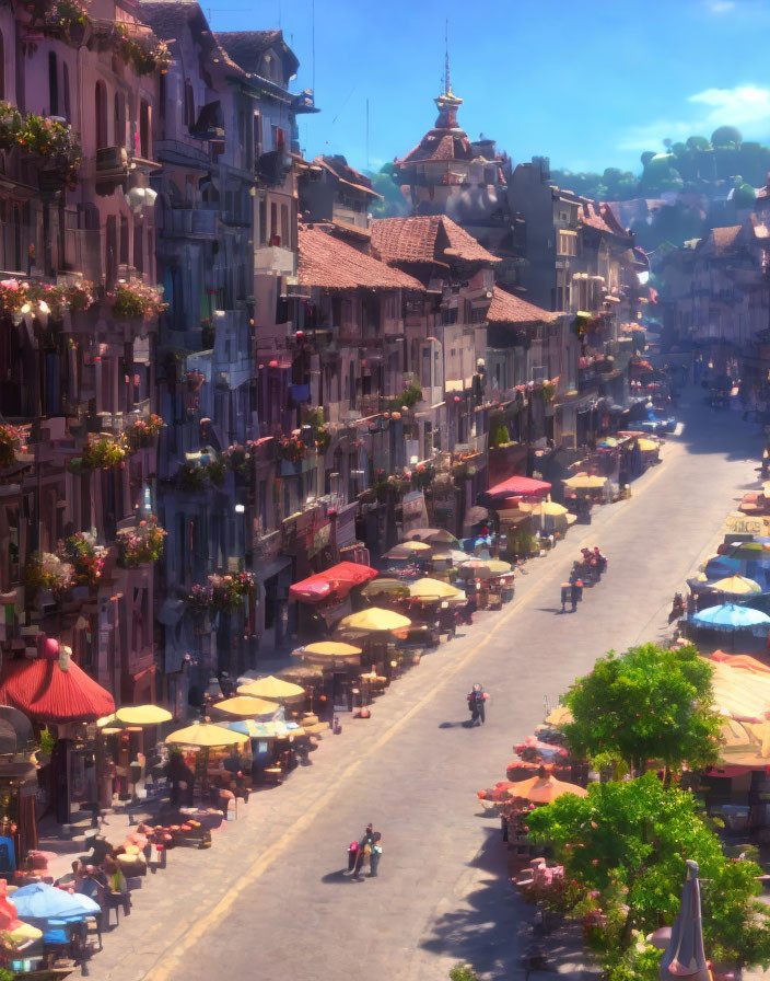 Vibrant street scene with colorful buildings, market stalls, pedestrians, and scooter