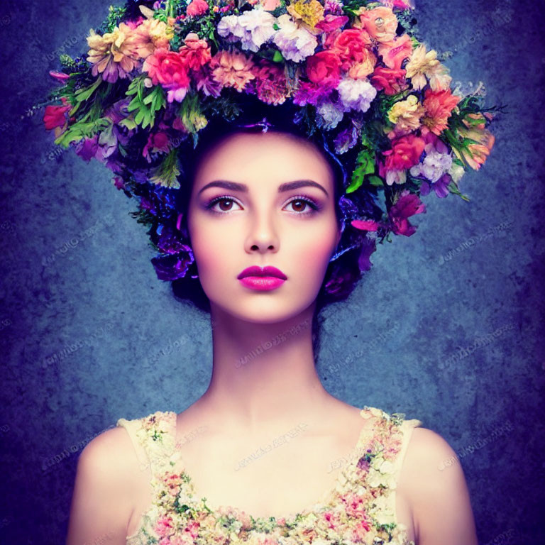 Woman Wearing Vibrant Floral Crown and Dress in Serene Pose