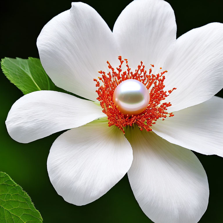 White Flower with Shiny Pearl in Orange Pollen Center on Dark Green Background