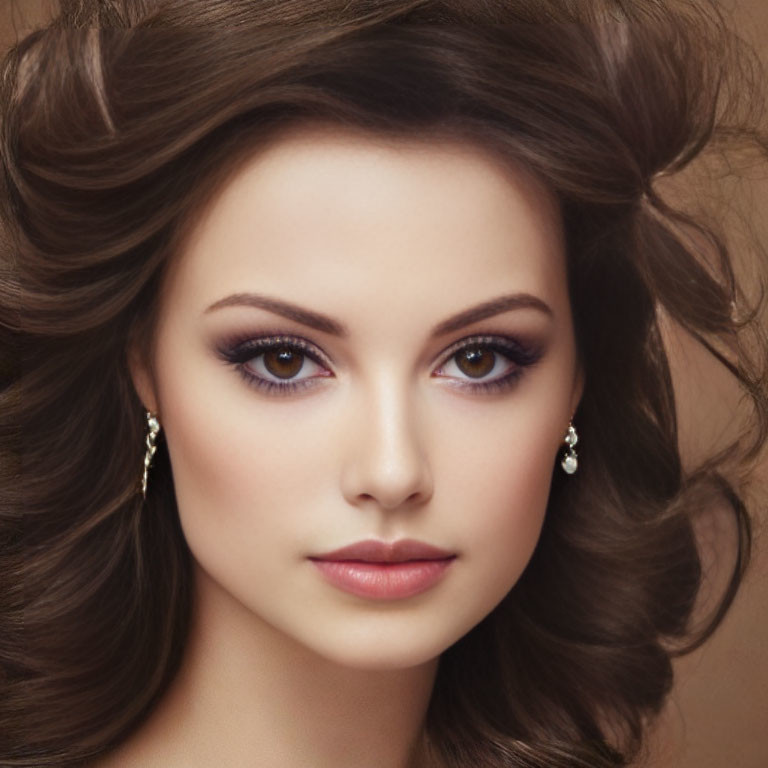 Woman with Voluminous Brown Hair and Purple Eyeshadow Earrings