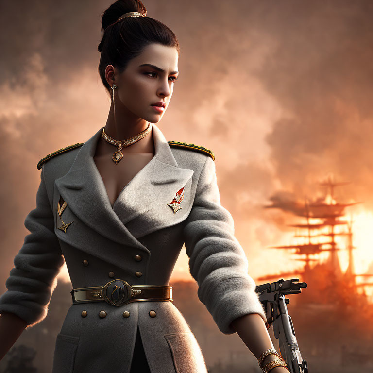 Digital artwork: Female character in military uniform with dramatic sky and old sailing ship.