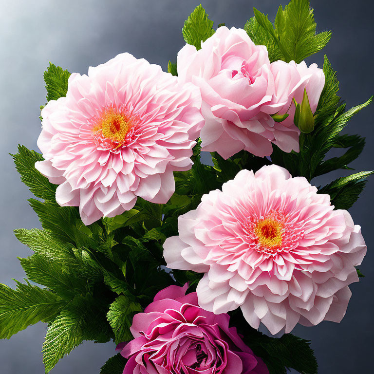 Pink Peonies Bouquet on Gray Background with Green Leaves