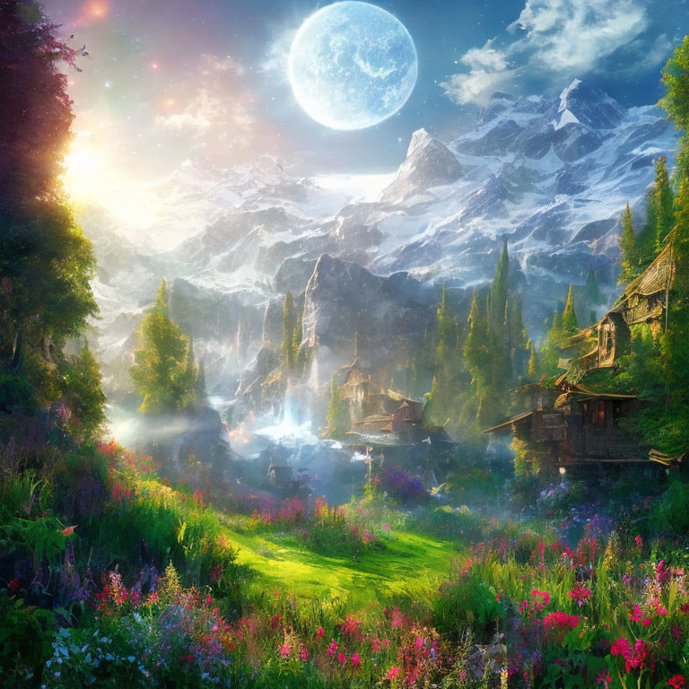 Fantasy landscape with full moon, mountain range, lush greenery, flowers, waterfall, and quaint