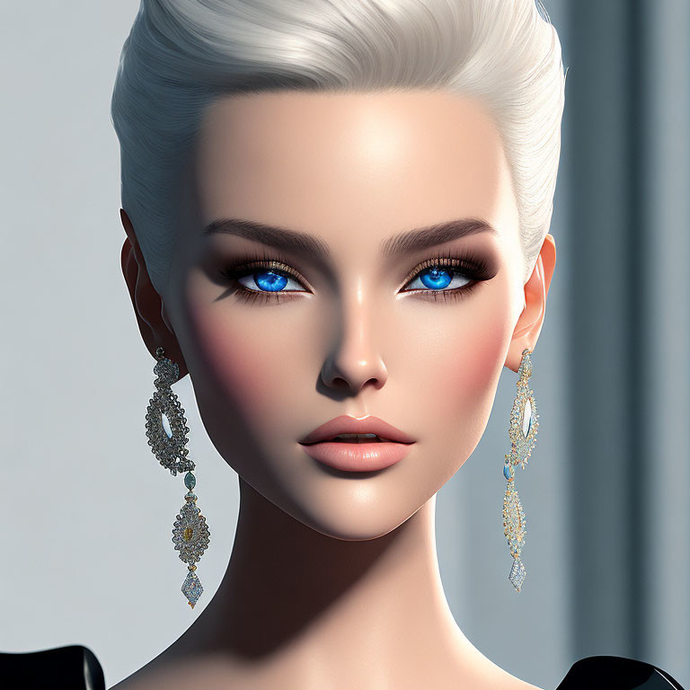 3D illustration of woman with blue eyes, platinum blonde hair, chandelier earrings