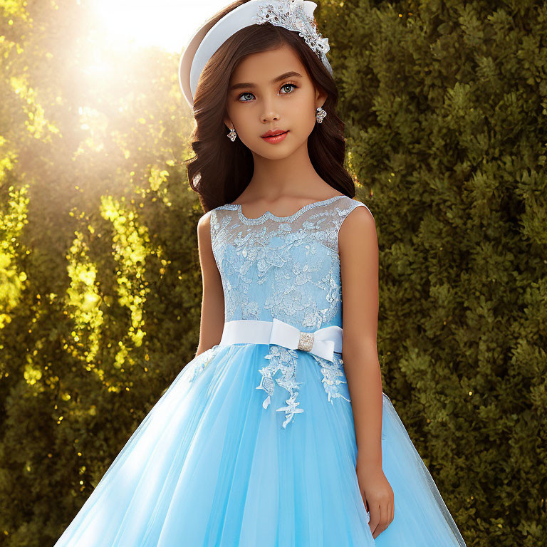 Young girl in blue lace dress with tulle skirt and white ribbon belt standing by hedge in sunlight