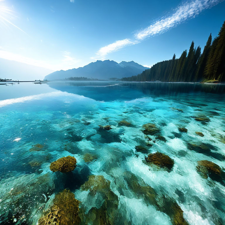 Tranquil Lake Scene with Turquoise Water and Evergreen Trees