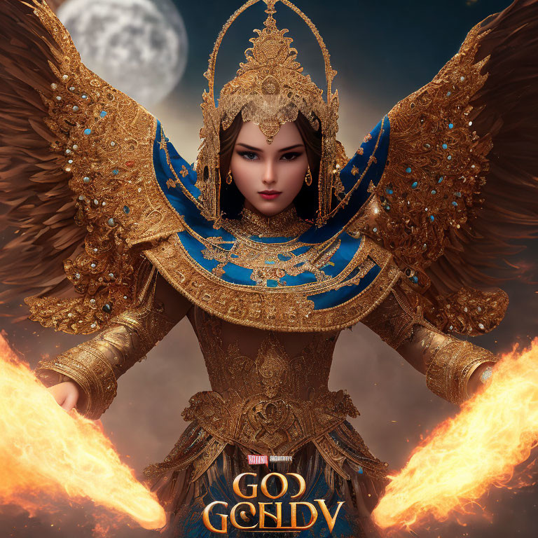 Fantastical female character in golden armor with fiery wings under a moonlit sky