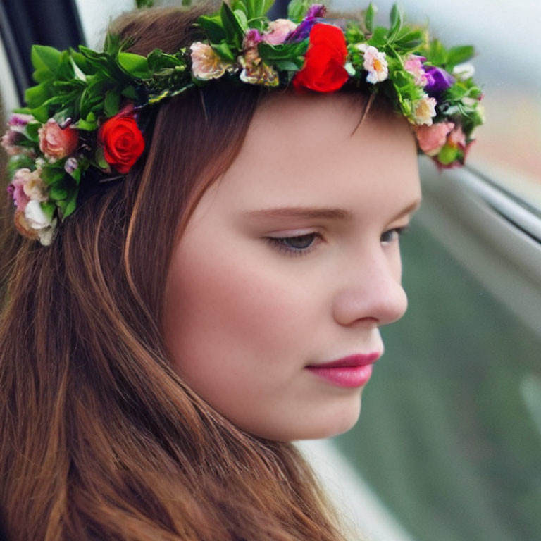 Young woman wearing floral wreath, looking pensive with downward gaze