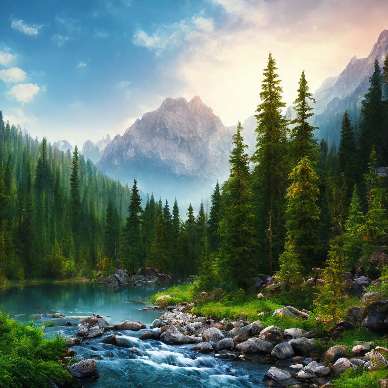 Misty Mountain Landscape with River, Pine Trees, and Sunrise