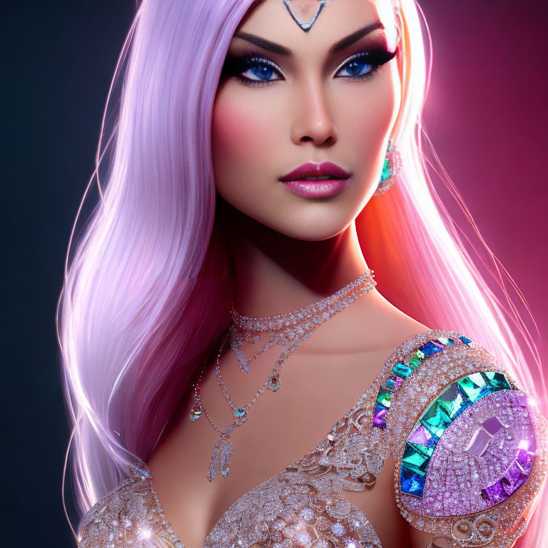 3D illustration of woman with pink-white hair and jeweled headpiece