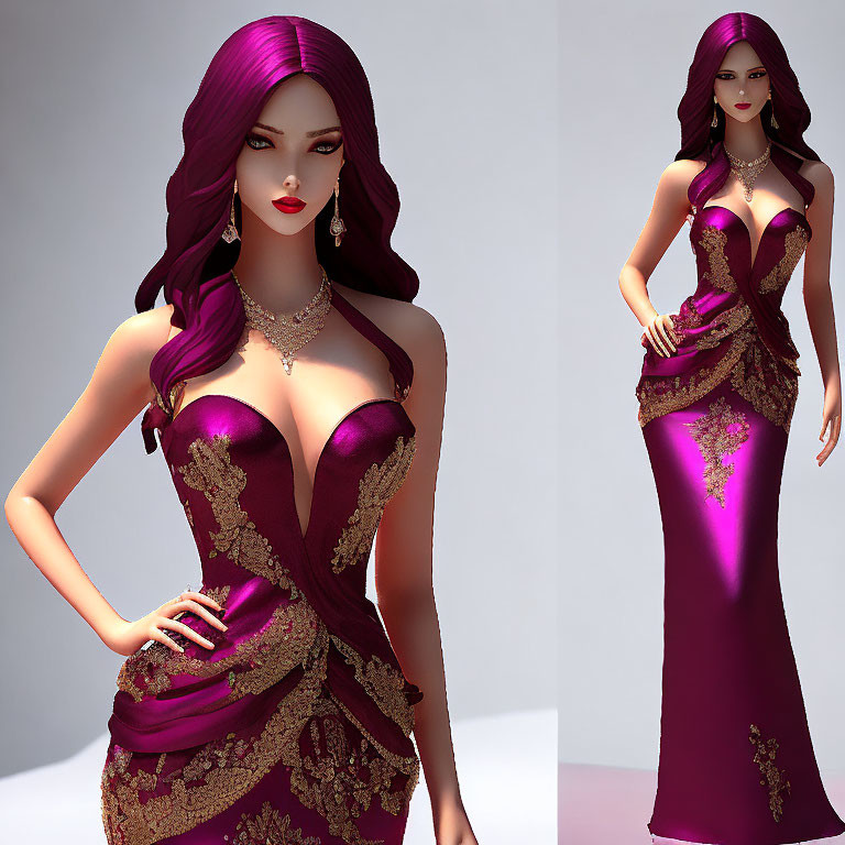 3D-rendered image: Woman with long purple hair in elegant gown