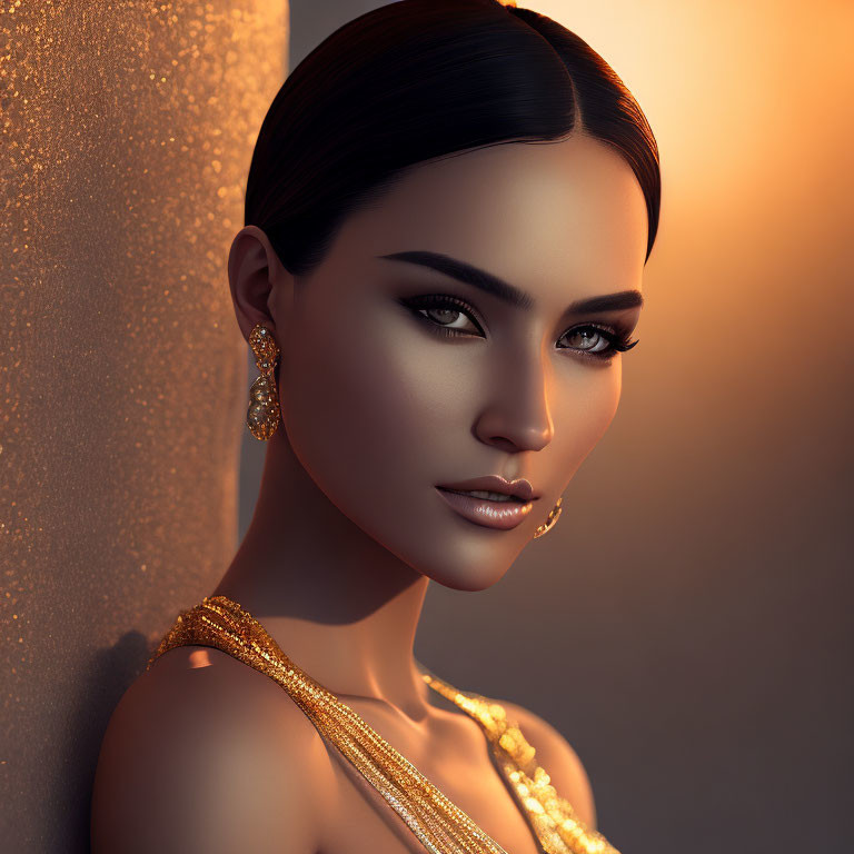 3D Rendered Portrait of Woman with Black Hair and Gold Jewelry