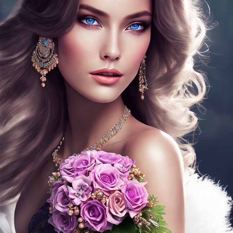 Illustration of woman with blue eyes, wavy hair, elaborate earrings, and pink rose bouquet