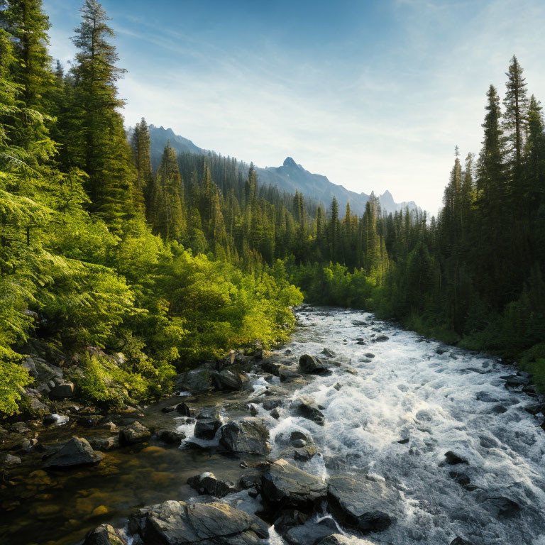 Tranquil river in lush forest under morning light