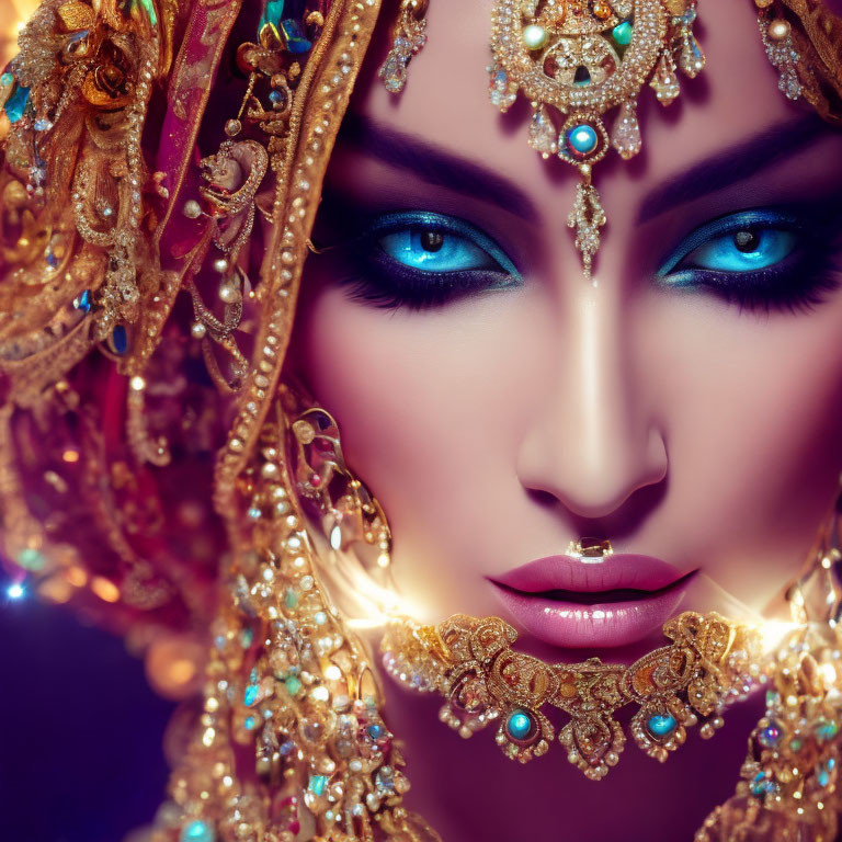 Close-Up Portrait: Striking Blue-Eyed Person in Ornate Golden Headdress