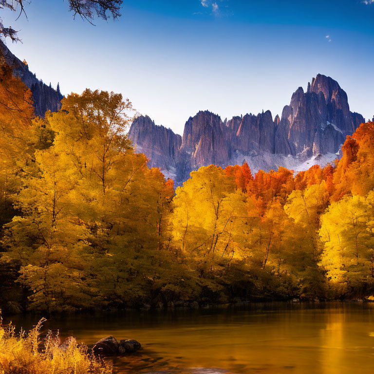 Golden Foliage and Mountain Peaks by Calm River